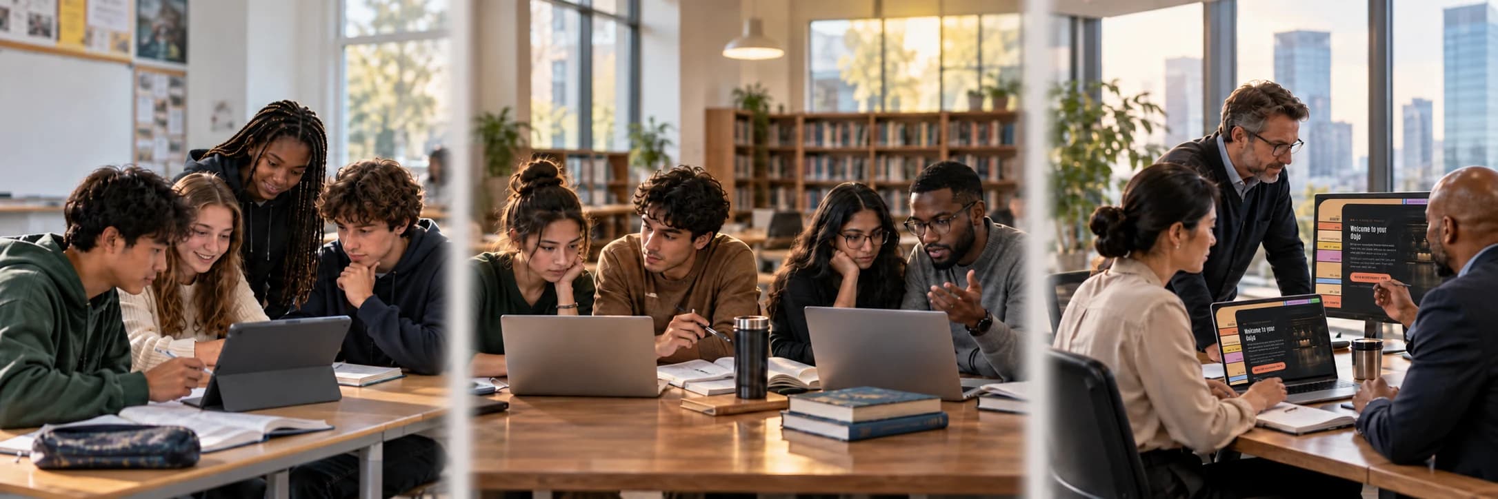 Photorealistic illustration of high school students, undergraduate and graduate students, and working professionals in three separate settings divided by soft vertical blur lines. The business screens show the Academy landing page.