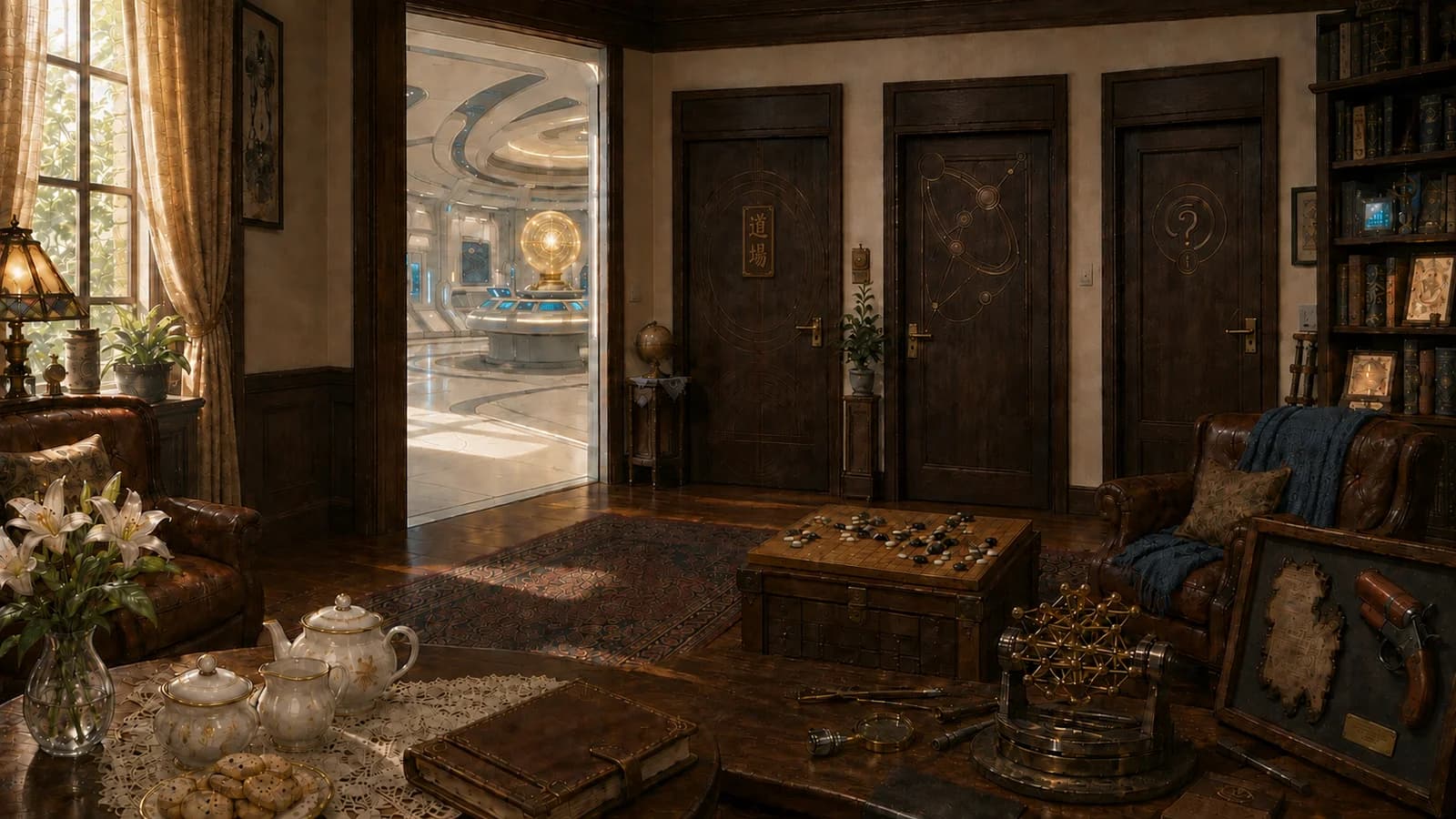 Tea, books, and three doors in Aye Wanda’s parlor, with her laboratory beyond.