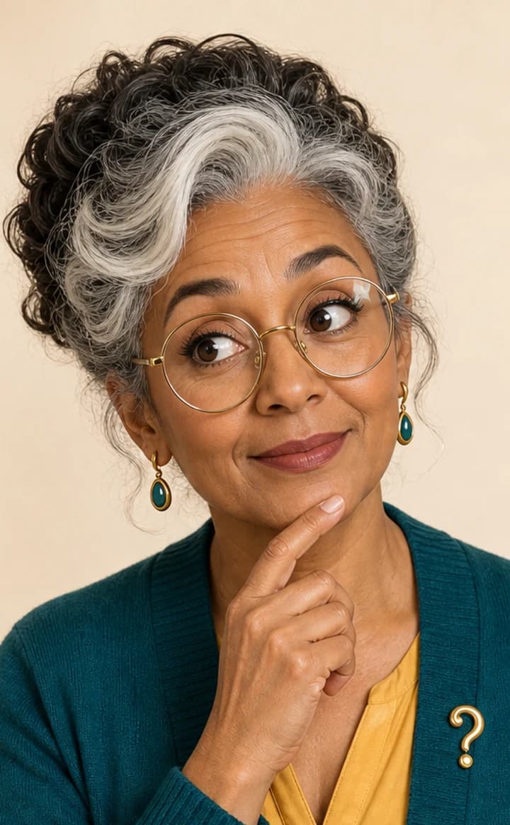 Aye Wanda in her teal cardigan, gold-rimmed glasses, and golden blouse.