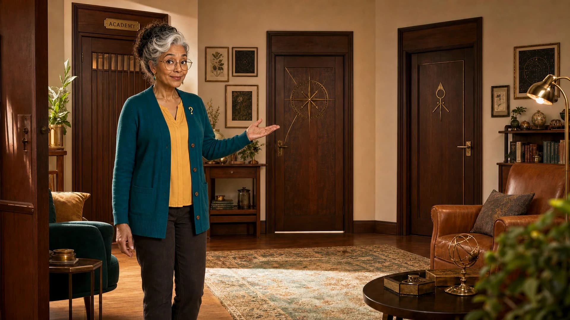 Aye Wanda stands in her parlor beside the three doors.